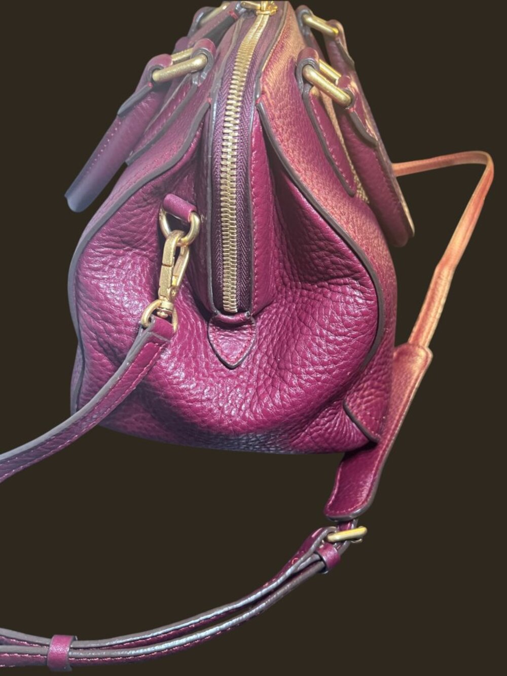 MCM München Burgundy Pebbled Leather Boston Satchel Crossbody Bag Gold Hardware - Picture 11 of 14